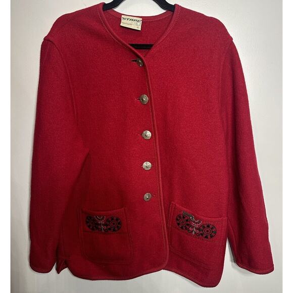 Vintage Stapf Pure New Wool Red Cardigan Sweater Pockets Embroidery Size EU 42 - Picture 1 of 8